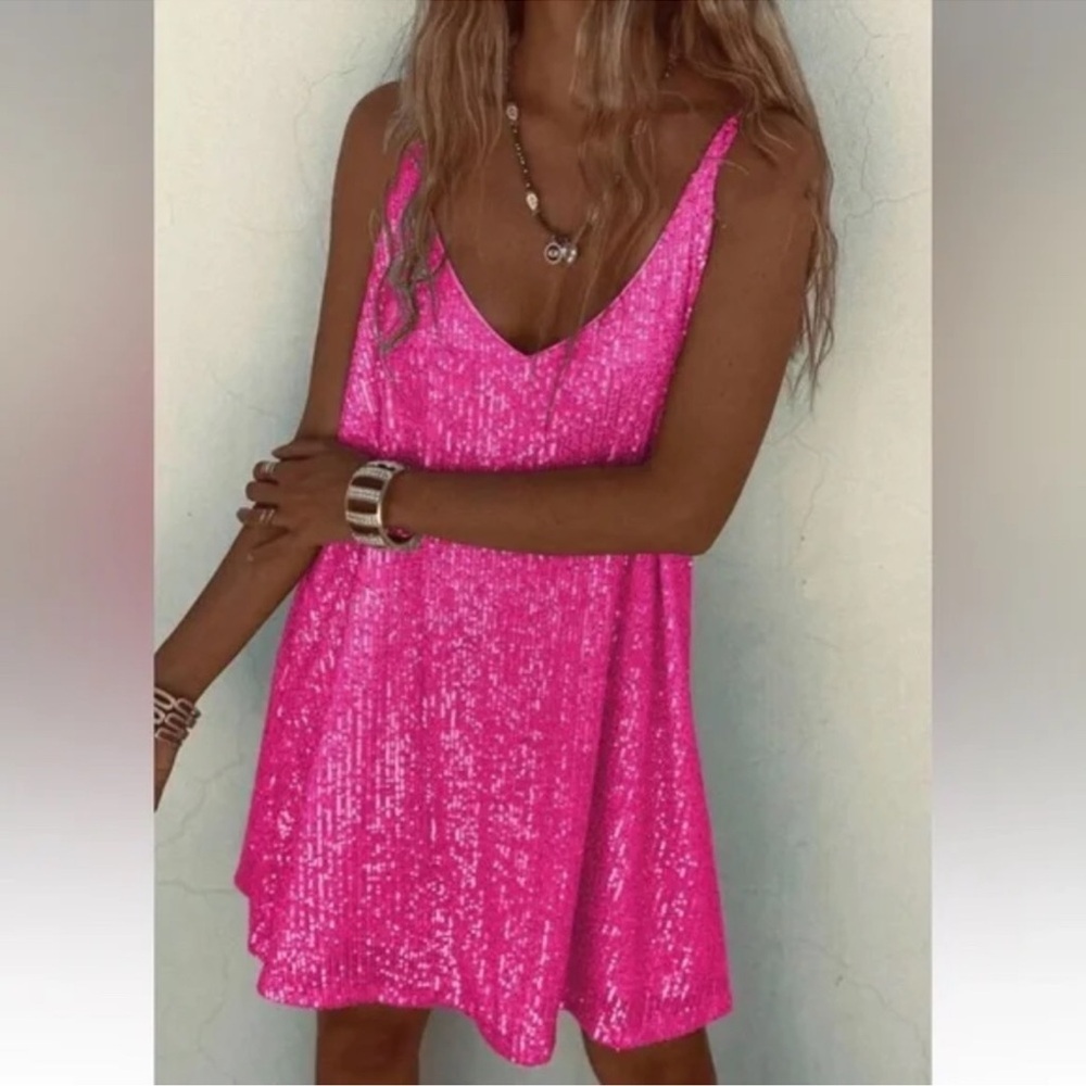 Luxe Hot Pink Sequin Tank Party Evening Holiday Mini Dress S M L XL